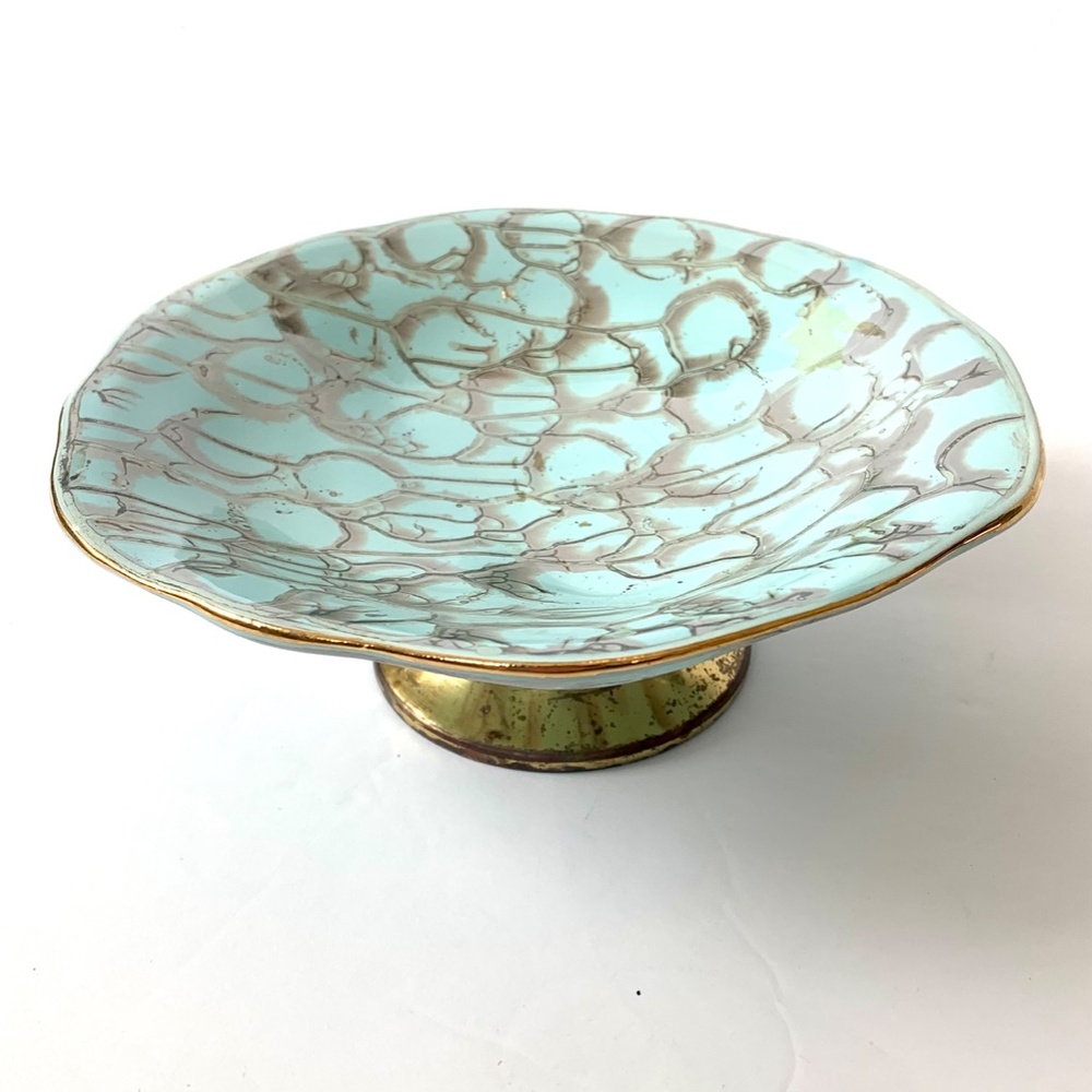 Delftware Aqua and Gold Pedestal Candy Dish